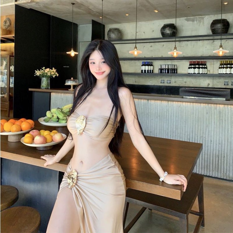 2025 Korean Style New Style Champagne Bikini Three-Point Bikini Skirt Split Swimsuit - Image 5