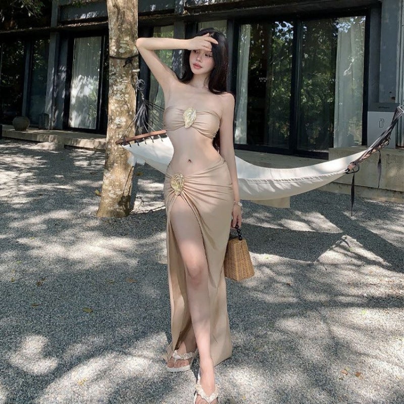 2025 Korean Style New Style Champagne Bikini Three-Point Bikini Skirt Split Swimsuit - Image 3