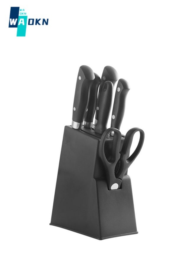 WAOKN - 7-piece Knife Block Set. Forged Special Formula Stainless Steel, Ergonomic Handle, Set: 2 Kitchen Knives, 2 Fruit Knives, Scissors, Sharpening Rod, Knife Holder - Image 1