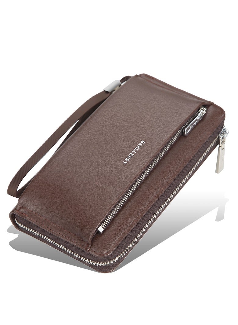 Baellery Men long classic leather wallet with two zippers - brown