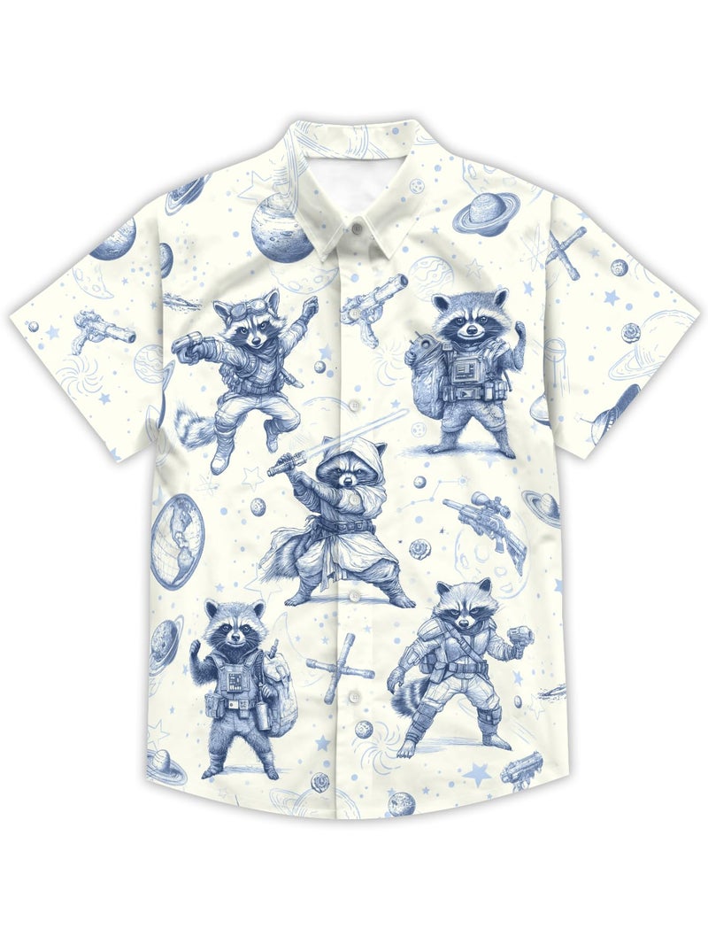REVENEVER Boys Hawaiian Shirt Button Down Shirt Short Sleeve Cool Sketch Raccoon Wars Print Hawaiian Beach Shirt for Kids - Image 1