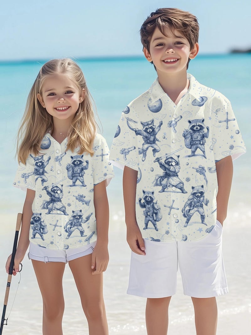 REVENEVER Boys Hawaiian Shirt Button Down Shirt Short Sleeve Cool Sketch Raccoon Wars Print Hawaiian Beach Shirt for Kids - Image 5