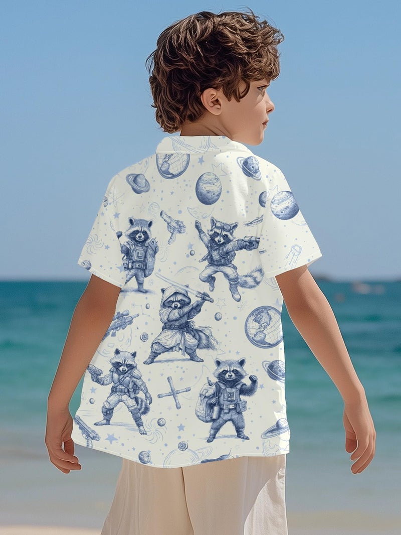 REVENEVER Boys Hawaiian Shirt Button Down Shirt Short Sleeve Cool Sketch Raccoon Wars Print Hawaiian Beach Shirt for Kids - Image 3
