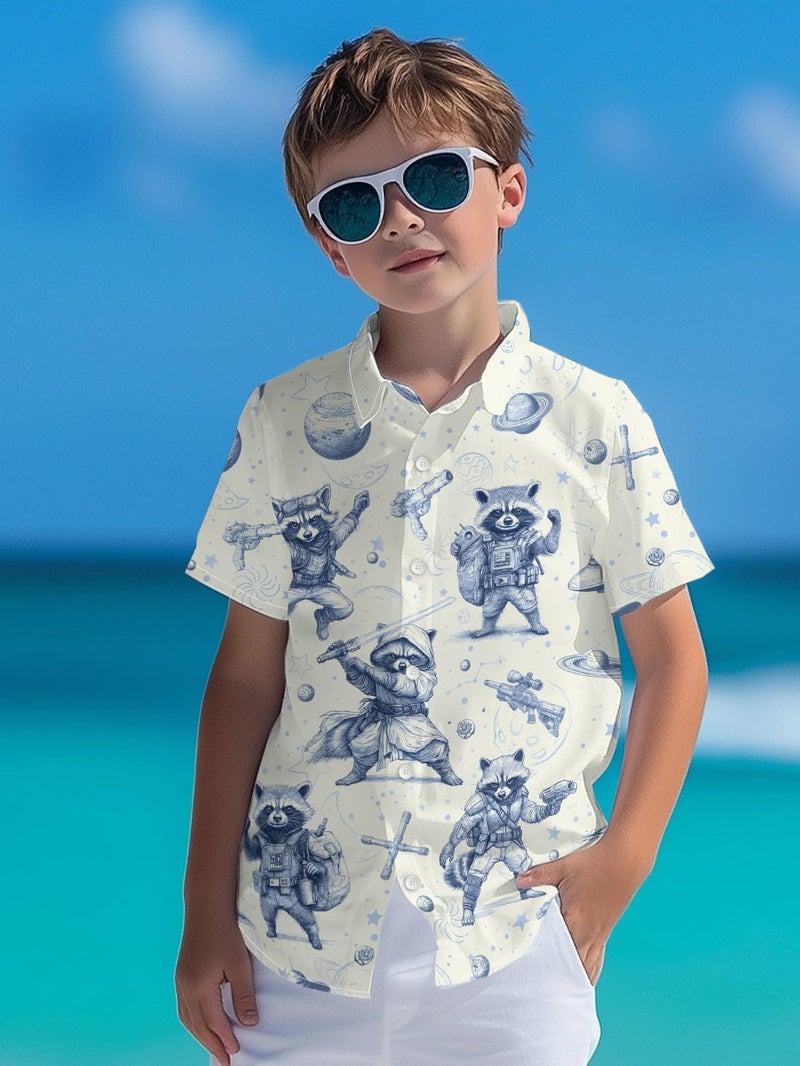 REVENEVER Boys Hawaiian Shirt Button Down Shirt Short Sleeve Cool Sketch Raccoon Wars Print Hawaiian Beach Shirt for Kids - Image 2