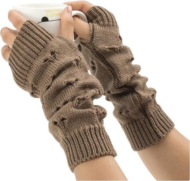 ChicAbode قفازات غرونج، قفاز بدون أصابع، إكسسوارات غرونج خرافية، قفاز ممزق، قفاز كروشيه، ملابس غرونج بأسلوب خرافي، حفلة تنكرية زوج واحد، بني - Image 1