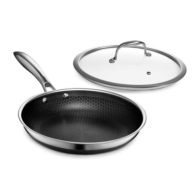 HYBRID NONSTICK 10INCH FRYING PAN WITH TEMPERED GLASS LID STAYCOOL HANDLE DISHWASHERFRIENDLY OVENSAFE UP TO 900F INDUCTION READY COMPATIBLE WITH ALL COOKTOPS