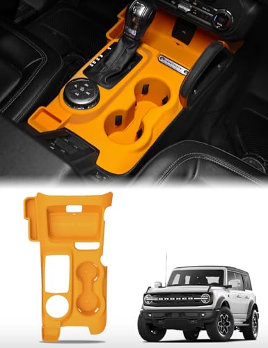 JROAD 3-in-1 Silicone Center Console Liner Tray for Ford Bronco 2021-2024 Automatic Transmission Non-Slip Cup Holder Mat Center Console Protector Liner Pad& Side Storage Pocket Interior Accessories Orange - Image 1