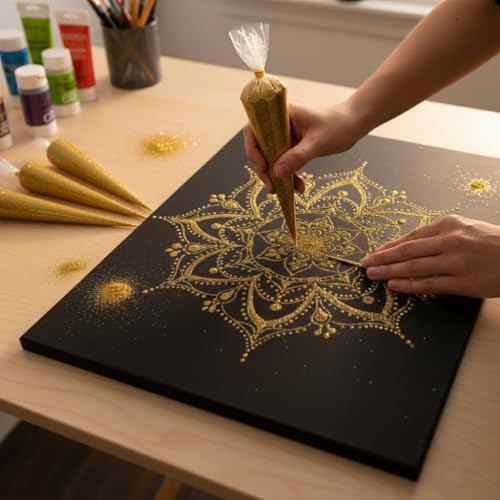 E - Buddies Ceramic Cones for Arts & Crafts | Lippan Art | Mandana Art | Pottery | Liner | DIY Decorative Purposes Pack of Cone (3PC Golden Glitter) - Image 4
