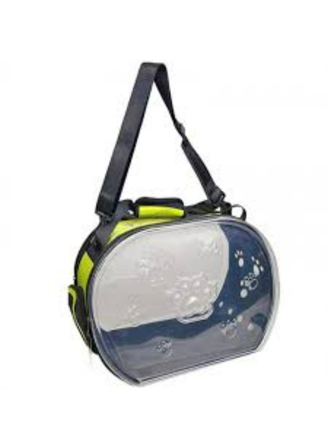 حقيبة نقل الحيوانات الأليفة بتصميم فقاعي شفاف مزين بطبعات أقدام، باللونين الأخضر والأسود، حقيبة سفر ناعمة الجوانب مزودة بفتحات تهوية شبكية. - Image 1