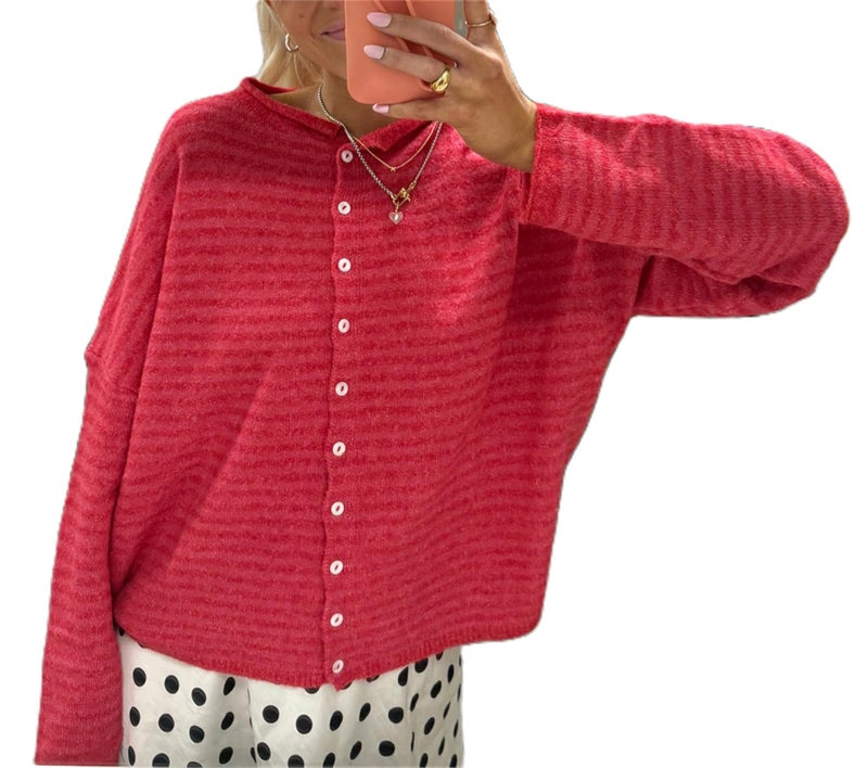 Yuemengxuan Women Knitted Cardigan Sweaters Long Sleeve Button Down Loose Knitwear Tops Y2k Vintage Jumper Knit Shirt (Watermelon Red Stripes, S) - Image 1