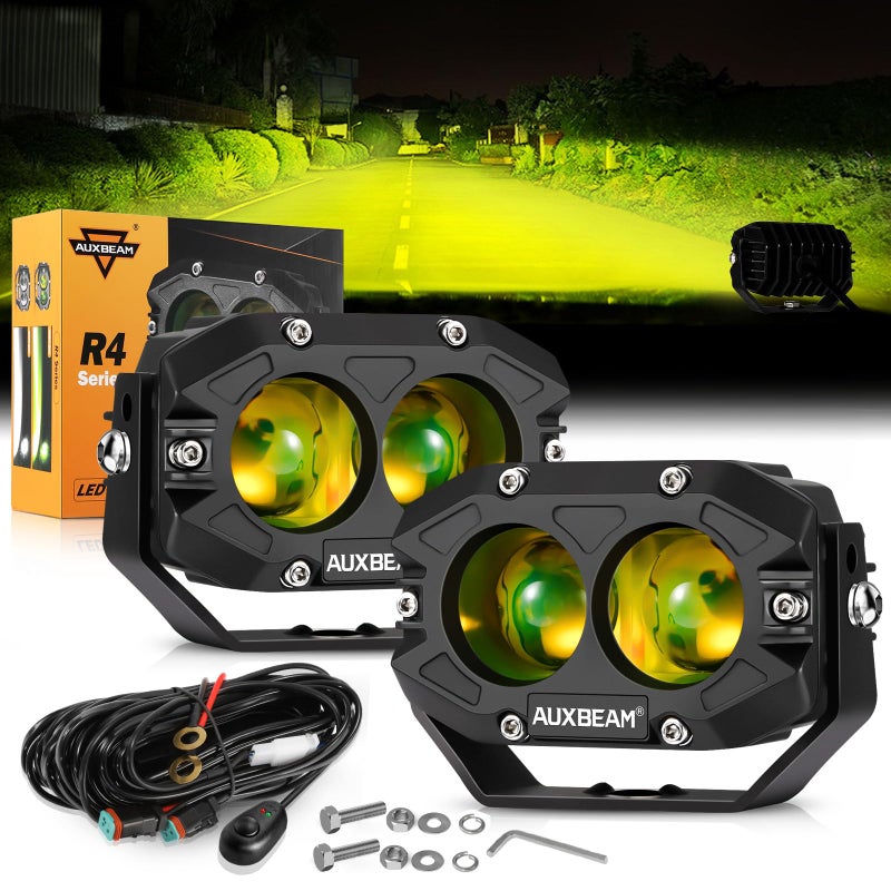 Auxbeam 4In 60W Amber Fog Lights Amber Led Pods Super Bright Spot Beam Offroad Lights with Plug and Play Wiring Harness Kit for Truck SUV ATV UTV Jeep Wrangler Motorcycle