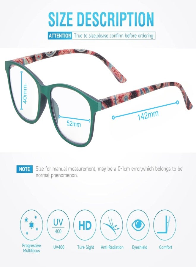 AEC Bloom1 Progressive Blue Light Glasses | Elegant Full Rim Rectangular Frame for Men & Women | Spring Hinge | Anti-Blue Ray Multifocal Lenses | Hard Case Included (Green Floral, +1.00) - Image 3