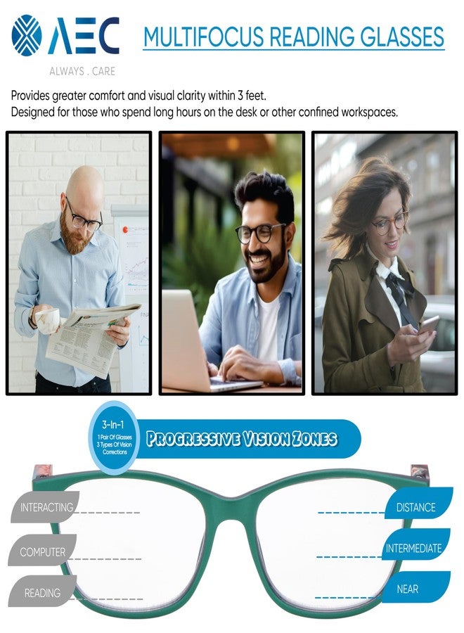 AEC Bloom1 Progressive Blue Light Glasses | Elegant Full Rim Rectangular Frame for Men & Women | Spring Hinge | Anti-Blue Ray Multifocal Lenses | Hard Case Included (Green Floral, +1.00) - Image 2