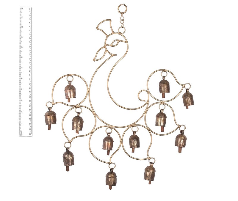Ethnics of Kutch Ethnics of Kutch Hand Made Metal Bells Wrought Iron CopperZinc Coated Home Dcor Chimes Cow Bell Peacock 12 Bells 45 cms Length Colour Copper BEL0056 - Image 4