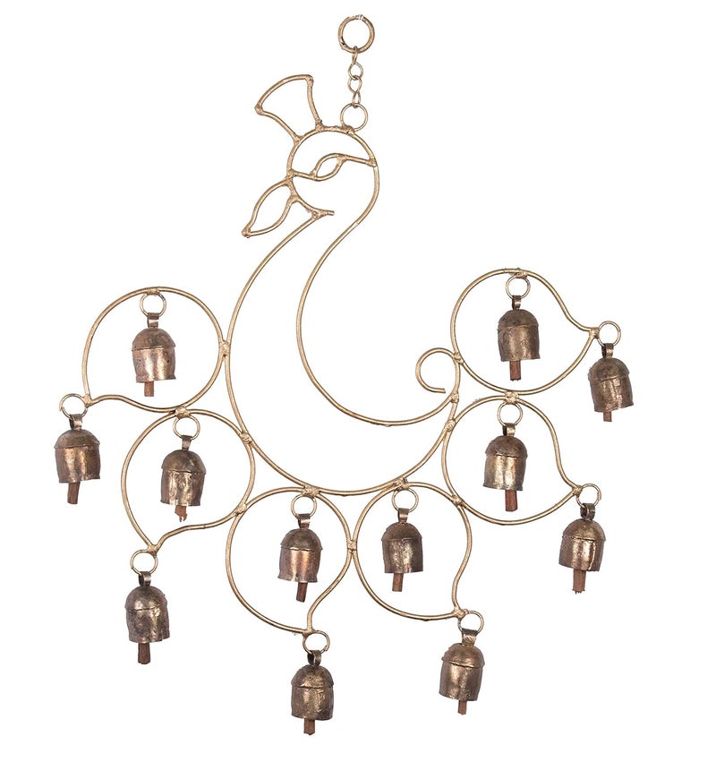 Ethnics of Kutch Ethnics of Kutch Hand Made Metal Bells Wrought Iron CopperZinc Coated Home Dcor Chimes Cow Bell Peacock 12 Bells 45 cms Length Colour Copper BEL0056 - Image 1