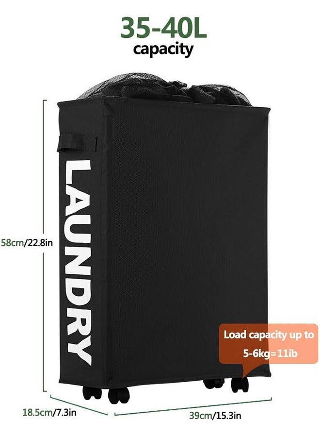 Laundry Basket on Wheels, Waterproof Slim Laundry Storage Hamper Corner Storage Bag Collapsible Tall Dirty Laundry Hamper Flexible Handle Laundry Box for Bedroom, Hotel, 40l (Black) - Image 2