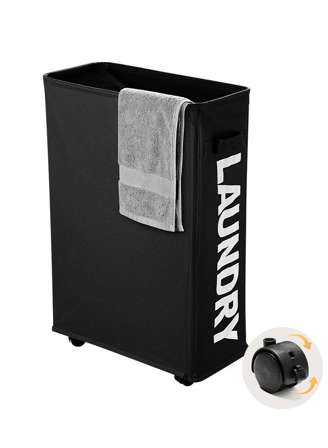 Laundry Basket on Wheels, Waterproof Slim Laundry Storage Hamper Corner Storage Bag Collapsible Tall Dirty Laundry Hamper Flexible Handle Laundry Box for Bedroom, Hotel, 40l (Black) - Image 1