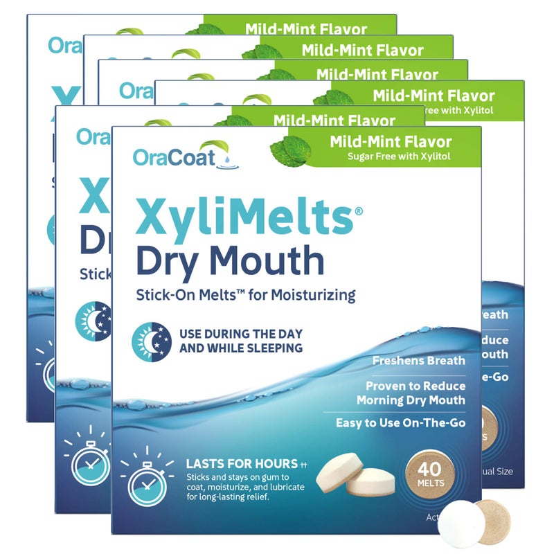 Oracoat XyliMelts for Dry Mouth Night Time or Day Moisturizing Dry Mouth Adhering Discs Sugar Free with Xylitol 40 Count 6 Pack Mild Mint Flavor 8Hour Relief