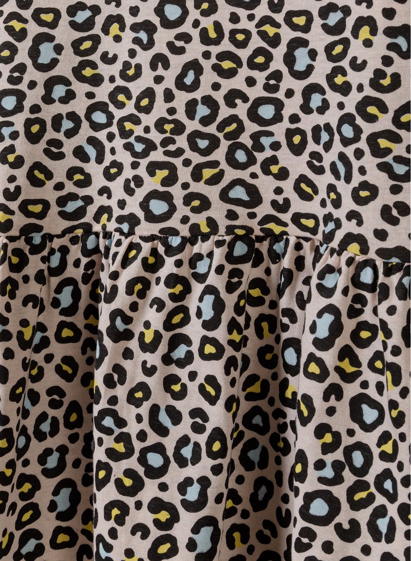 مينوتي فستان بناتي أطفال بأكمام طويلة وطباعة ليوبارد وحافة كشكش - Image 3