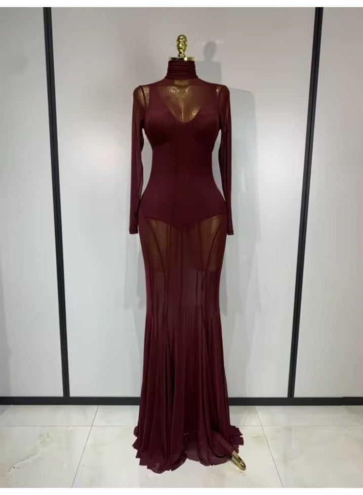 Burgundy High Neck Long Sleeve Mesh Maxi Dress- Two Piece Set