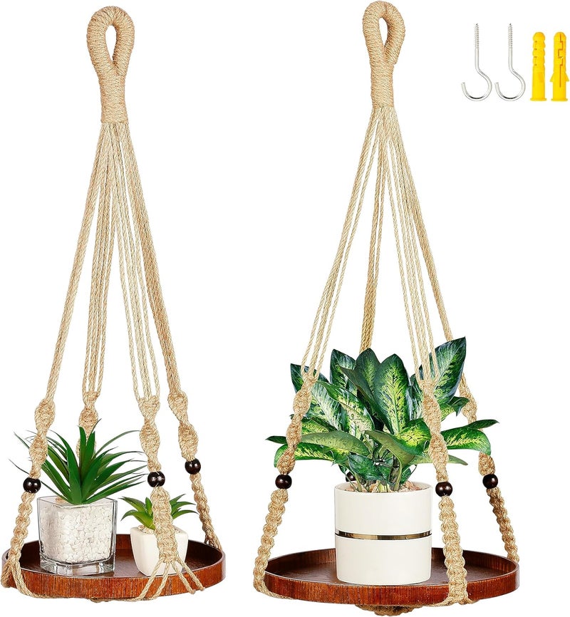 Shineloha 2 Pack Macrame Plant Hanger | Plant Hanger Indoor, Hanging Planter Shelf | Hanging Planter (Jute) (1 Large + 1 Medium) - Image 1