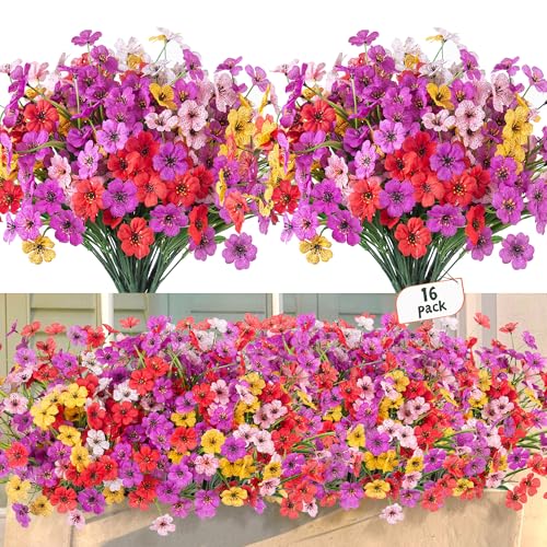 Ammyoo 16 Pcs Artificial Fake Flowers for Outdoor Spring Decoration Faux Silk Daisy Flowers No Fade UV Resistant Plants for Outdoor Planters Garden Yard Porch Patio Balcony Pathway Decor Mix - Image 1