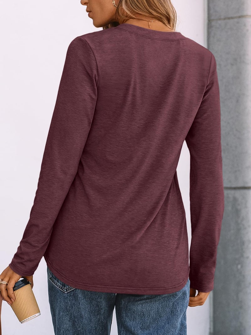 AUTOMET Long Sleeve Shirts for Women Blouses 2025 Fall Clothes Plus Size Dressy Casual Tops Henley Casual Trendy Cute T Shirts Business Work Fashion Outfits Wine 3XL - Image 4