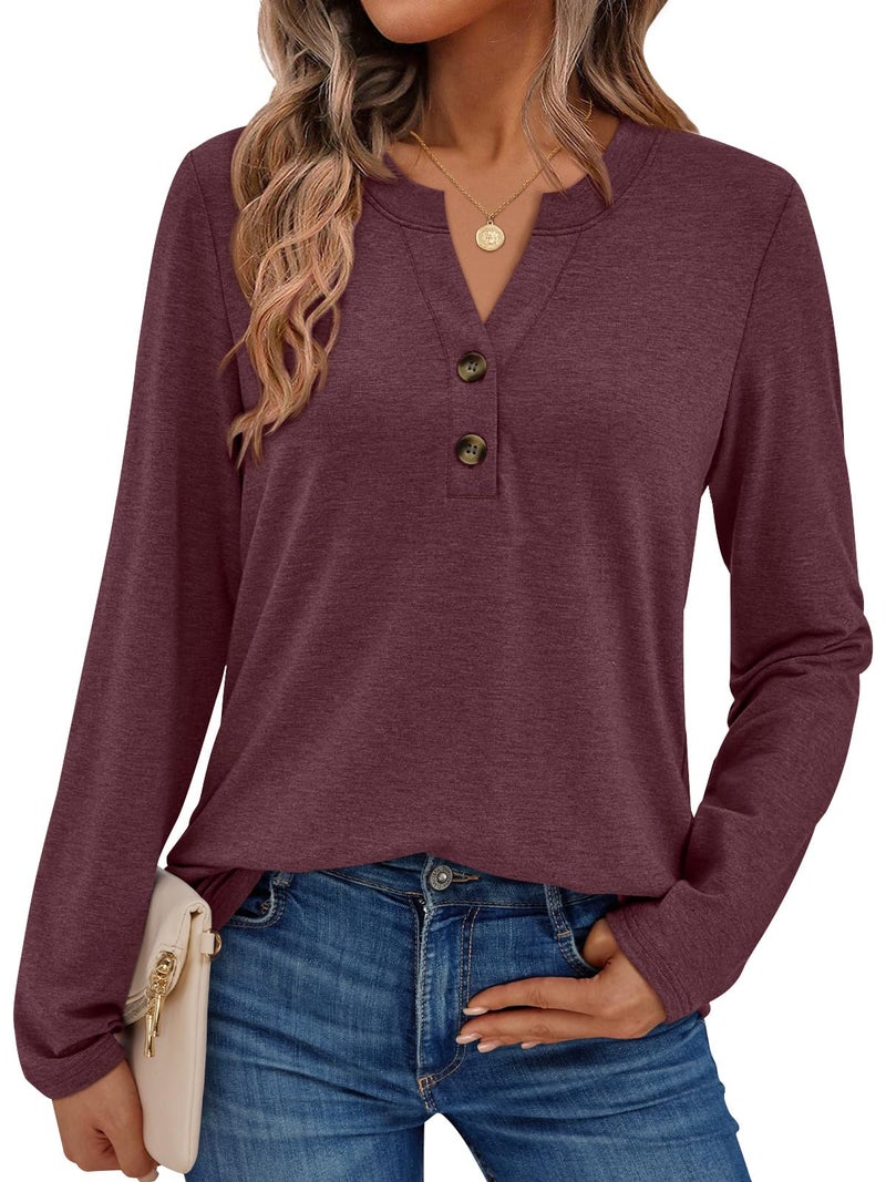 AUTOMET Long Sleeve Shirts for Women Blouses 2025 Fall Clothes Plus Size Dressy Casual Tops Henley Casual Trendy Cute T Shirts Business Work Fashion Outfits Wine 3XL - Image 1
