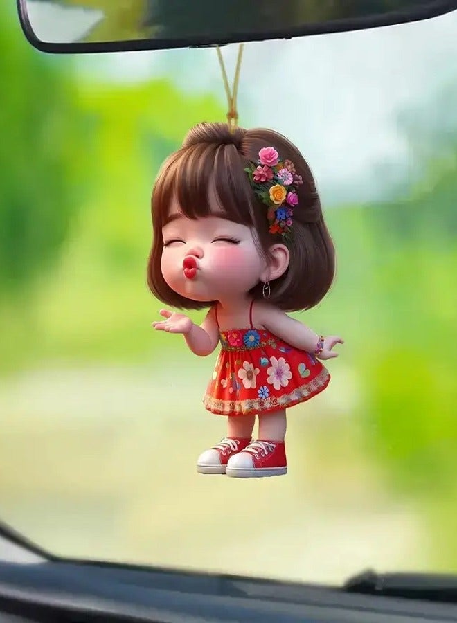MASIA Cute Girl Car Mirror Hanging Ornament and Keychain - Waterproof 2D Acrylic Decoration to Add a Unique Touch to Your Car and Keys - Image 1