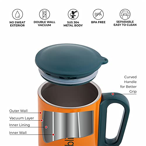 DUBBLIN Polo Stainless Steel Unbreakable Tea Coffee Mug Double Wall with Handle and Lid, Wide Mouth Mug Keeps Beverages Hot & Cold 220 ML Orange - Image 2