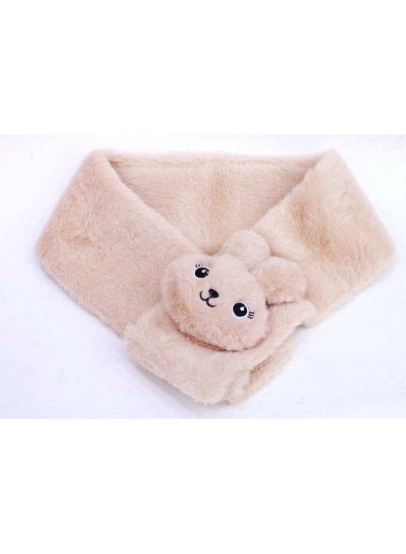 A warm and soft winter scarf for girls, made of faux fur with a bear, in light beige. - Image 2