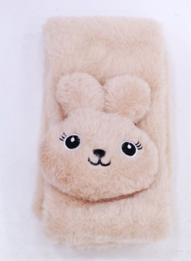A warm and soft winter scarf for girls, made of faux fur with a bear, in light beige. - Image 3