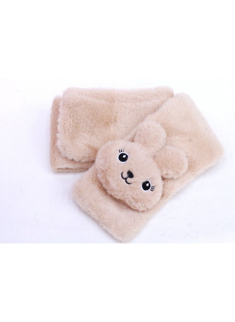 A warm and soft winter scarf for girls, made of faux fur with a bear, in light beige. - Image 4