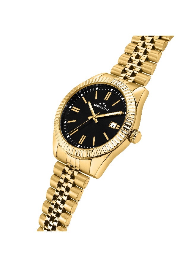 Chronostar Men's Black Round Analog Dial with Gold Stainless Steel Band Watch - 41mm - R3753312005 - Image 2