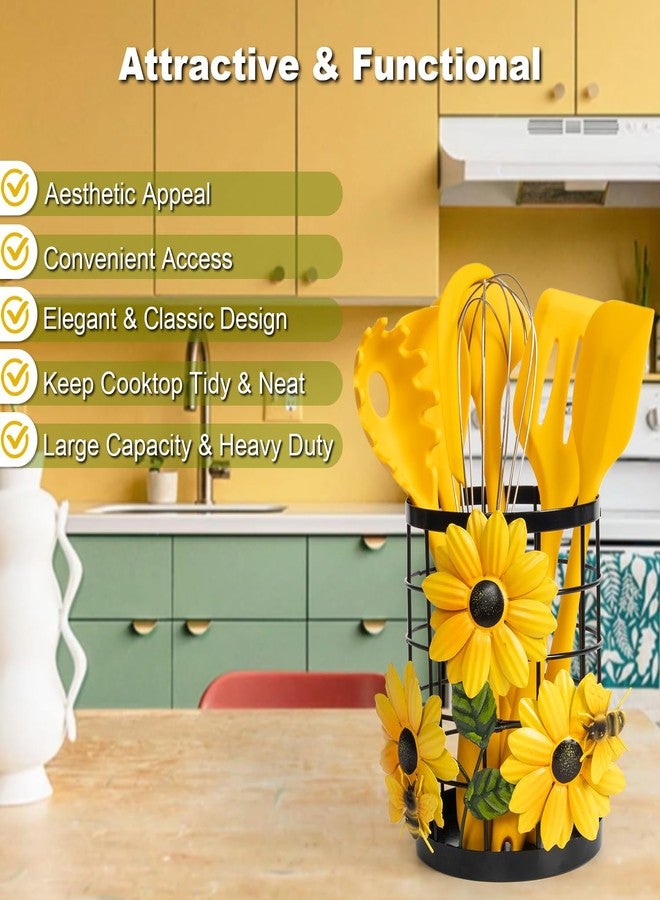 BESZONE Sunflower Utensil Holder with Silicone Kitchen Utensil Set, 6 Pieces Jar Holder, Kitchen Decoration and Theme Accessories, Yellow Counter, Country Kitchen Decoration - Image 3