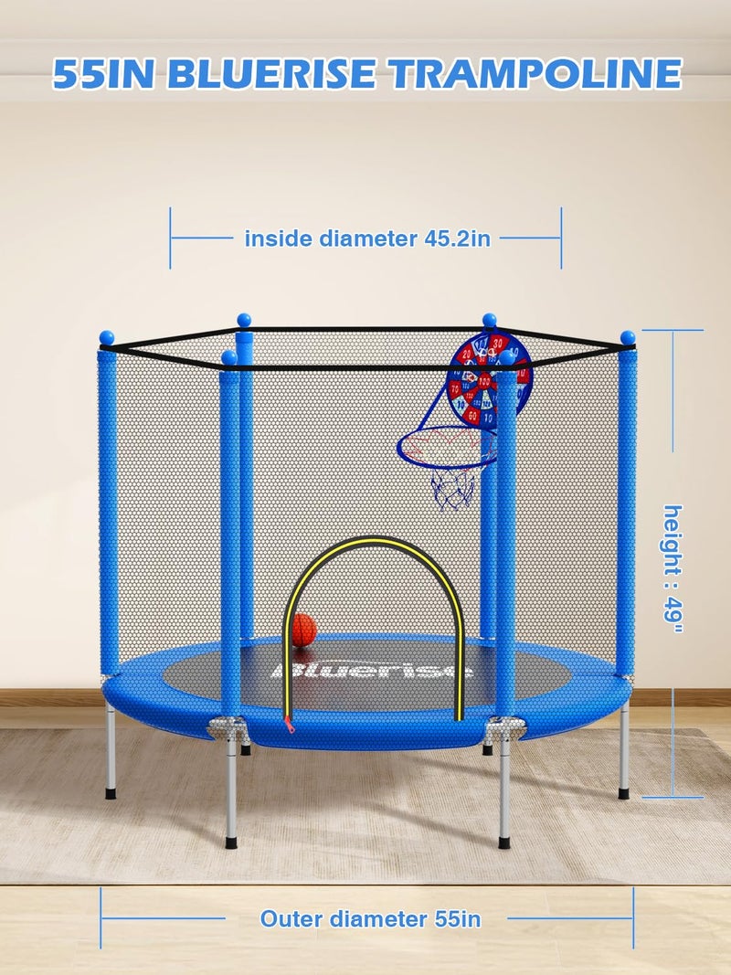 BLUERISE 55IN Toddler Trampoline for Kids Indoor Play for Kids Trampoline Basketball Hoop Attachment with Enclosure Net Easy to Assemble Recreational Trampoline Blue - Image 5