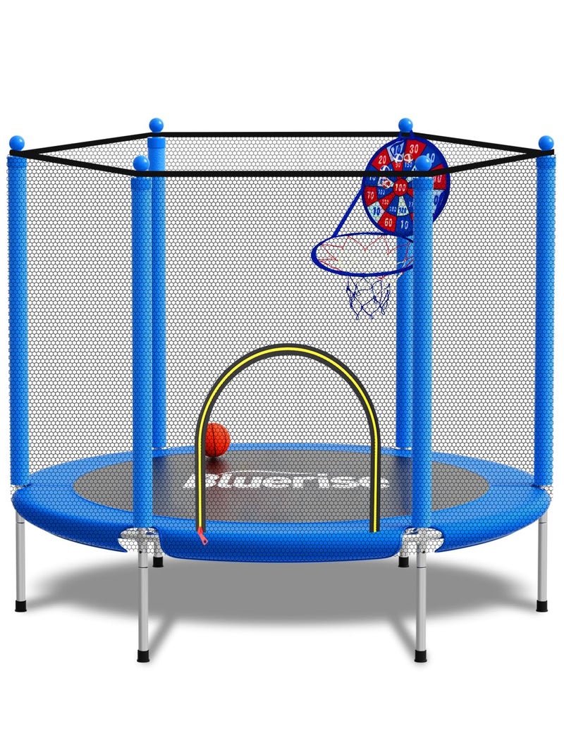 BLUERISE 55IN Toddler Trampoline for Kids Indoor Play for Kids Trampoline Basketball Hoop Attachment with Enclosure Net Easy to Assemble Recreational Trampoline Blue - Image 1