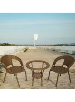 KARNAK Karnak 3-Pieces Patio Rattan Dinning Set Table with Wicker Glass Top Modern Coffee Table Waterproof Set Chairs for Home, Garden & Lawn, Outdoor Indoor, Beach, Kitchen, Dining Room, Office Color Gold  - Image 3