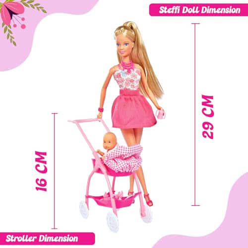 Wembley Steffi Love Doll Set| Steffi Love Baby Walk Toy| Steffi with Baby & Stroll| Set of 15+ Baby Essentials| Pretend Play Set| Ideal Gift for Girls Age 3+ (Pink) - Image 2