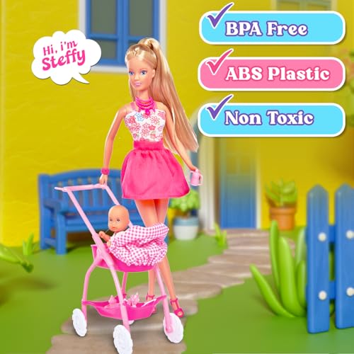Wembley Steffi Love Doll Set| Steffi Love Baby Walk Toy| Steffi with Baby & Stroll| Set of 15+ Baby Essentials| Pretend Play Set| Ideal Gift for Girls Age 3+ (Pink) - Image 4