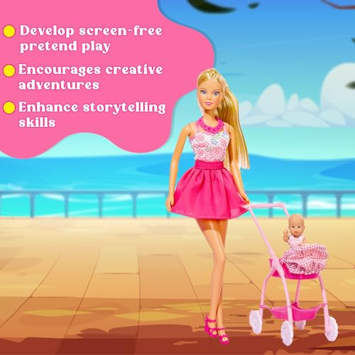 Wembley Steffi Love Doll Set| Steffi Love Baby Walk Toy| Steffi with Baby & Stroll| Set of 15+ Baby Essentials| Pretend Play Set| Ideal Gift for Girls Age 3+ (Pink) - Image 3