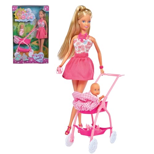 Wembley Steffi Love Doll Set| Steffi Love Baby Walk Toy| Steffi with Baby & Stroll| Set of 15+ Baby Essentials| Pretend Play Set| Ideal Gift for Girls Age 3+ (Pink) - Image 1