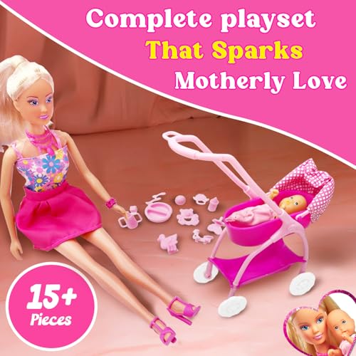 Wembley Steffi Love Doll Set| Steffi Love Baby Walk Toy| Steffi with Baby & Stroll| Set of 15+ Baby Essentials| Pretend Play Set| Ideal Gift for Girls Age 3+ (Pink) - Image 5