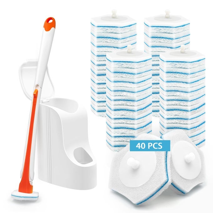 DISPOSABLE TOILET BOWL CLEANER WAND WITH 40 CLEANER REFILLS WALL MOUNTED LONG HANDLE COMPACT BATHROOM SCRUB BRUSH HOLDER SET FOR SINK BATHTUB WASH BASIN MOP POOL ORANGE