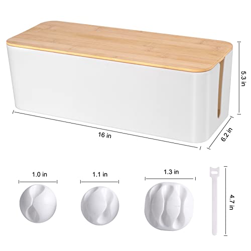 TuweChen Cable Management Box - Wooden Style Large Cord Organizer Box to Hide Wires & Power Strips | Desk Computer Cable Organizer Box | Safe ABS Material |16" (L) x 6.2" (W) 5.3" (H)|for Home & Office - White - Image 2
