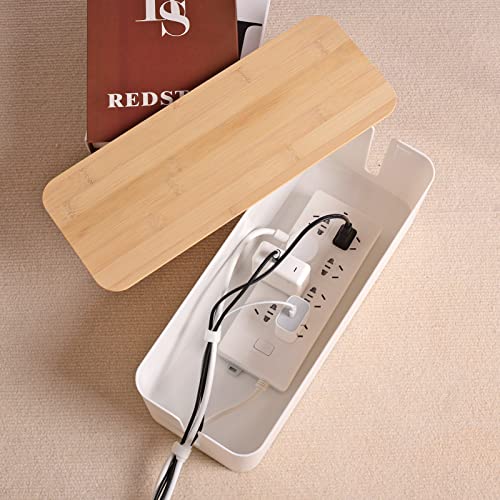 TuweChen Cable Management Box - Wooden Style Large Cord Organizer Box to Hide Wires & Power Strips | Desk Computer Cable Organizer Box | Safe ABS Material |16" (L) x 6.2" (W) 5.3" (H)|for Home & Office - White - Image 3