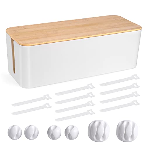 TuweChen Cable Management Box - Wooden Style Large Cord Organizer Box to Hide Wires & Power Strips | Desk Computer Cable Organizer Box | Safe ABS Material |16" (L) x 6.2" (W) 5.3" (H)|for Home & Office - White - Image 1