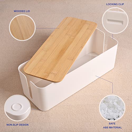 TuweChen Cable Management Box - Wooden Style Large Cord Organizer Box to Hide Wires & Power Strips | Desk Computer Cable Organizer Box | Safe ABS Material |16" (L) x 6.2" (W) 5.3" (H)|for Home & Office - White - Image 4