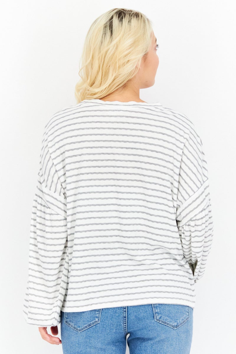 Weatherproof Women Crew Neck Long Sleeve Stripe Top, White - Image 3
