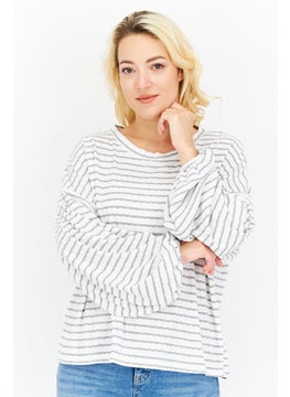 Weatherproof Women Crew Neck Long Sleeve Stripe Top, White  - Image 1